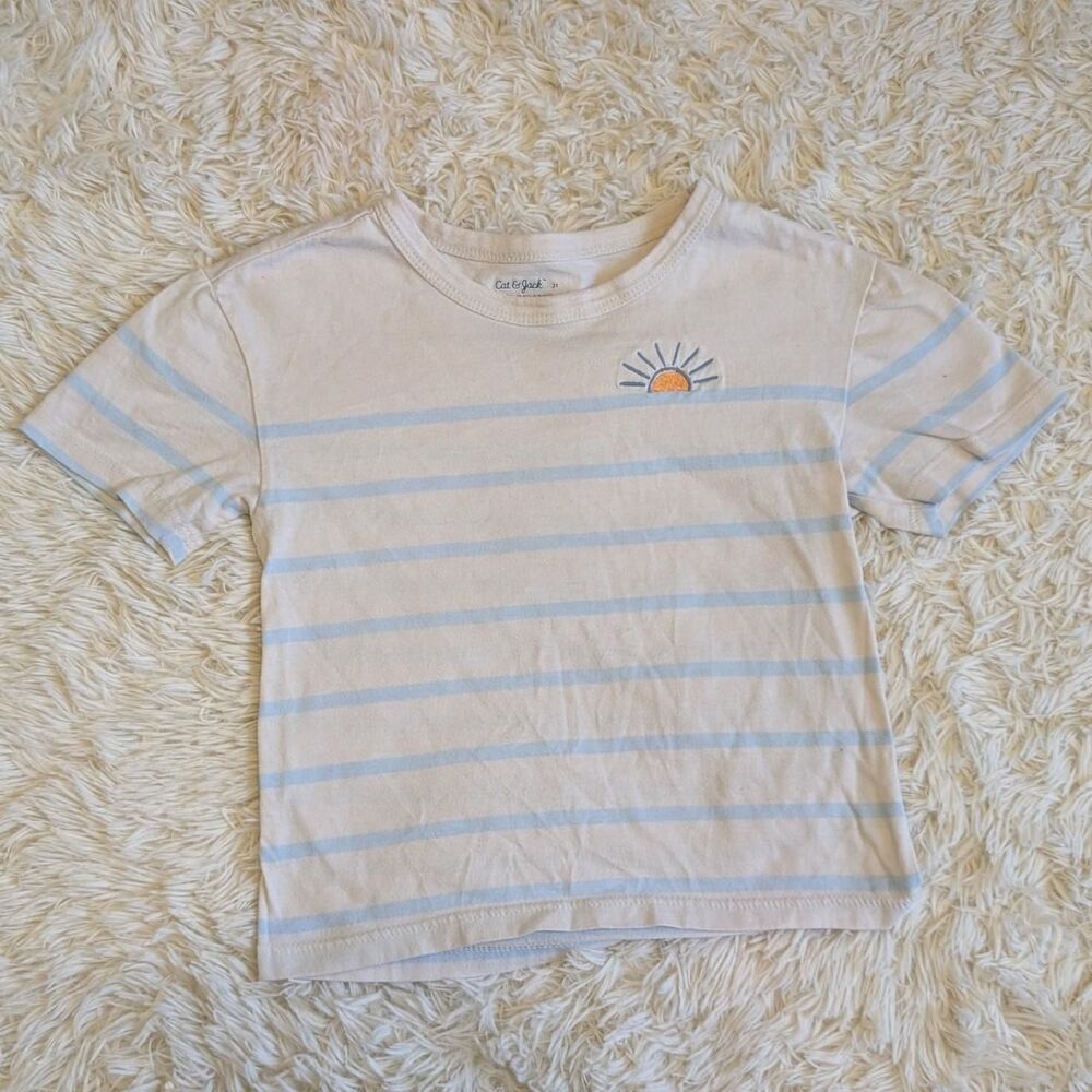 Cat & Jack Boys Size 3T Cream Blue Striped Yellow Embroidered Sun Shirt